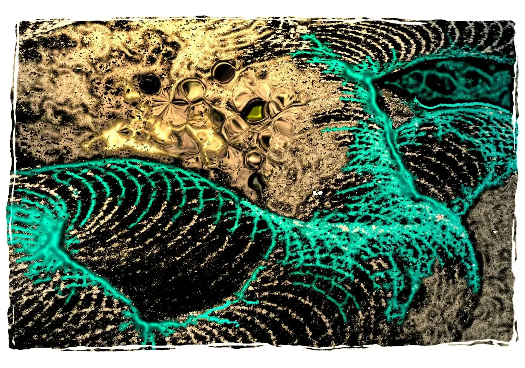 Teal fingerprint swirls with golden bubble cluster